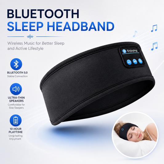 Bluetooth 5.0 sleep headband with ultra-thin speakers and 10-hour playtime, worn by a woman sleeping