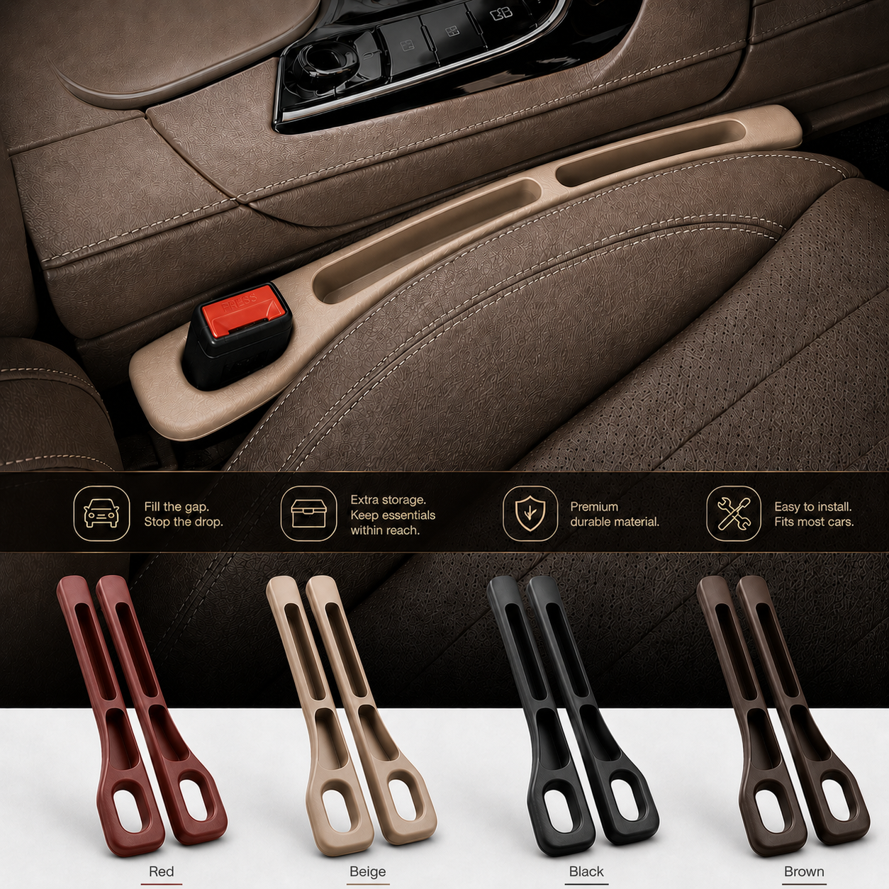 Beige gap filler installed in a car, with feature icons and the four color options: red, beige, black and brown