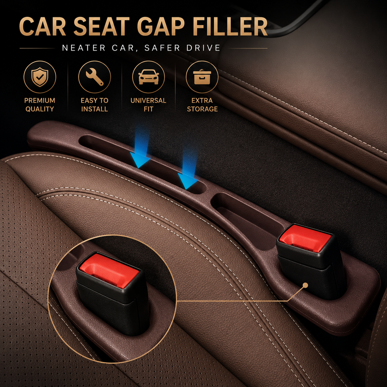 Brown gap filler installed in a car with feature icons for premium quality, easy install, universal fit and extra storage