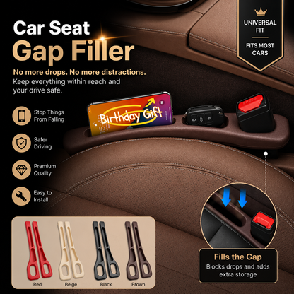 Car seat gap filler blocking the gap beside a seatbelt buckle, labeled easy install, universal fit and extra storage