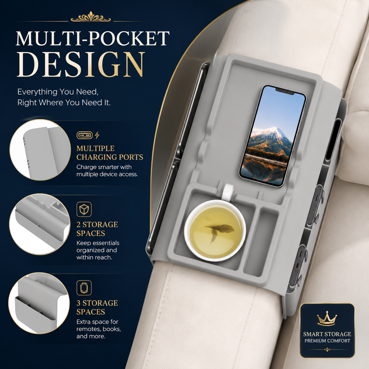 Grey silicone couch cup holder top view with phone and tea cup — multi-pocket design featuring multiple charging port access, 2 top storage spaces and 3 side pockets for smart sofa armrest organization.