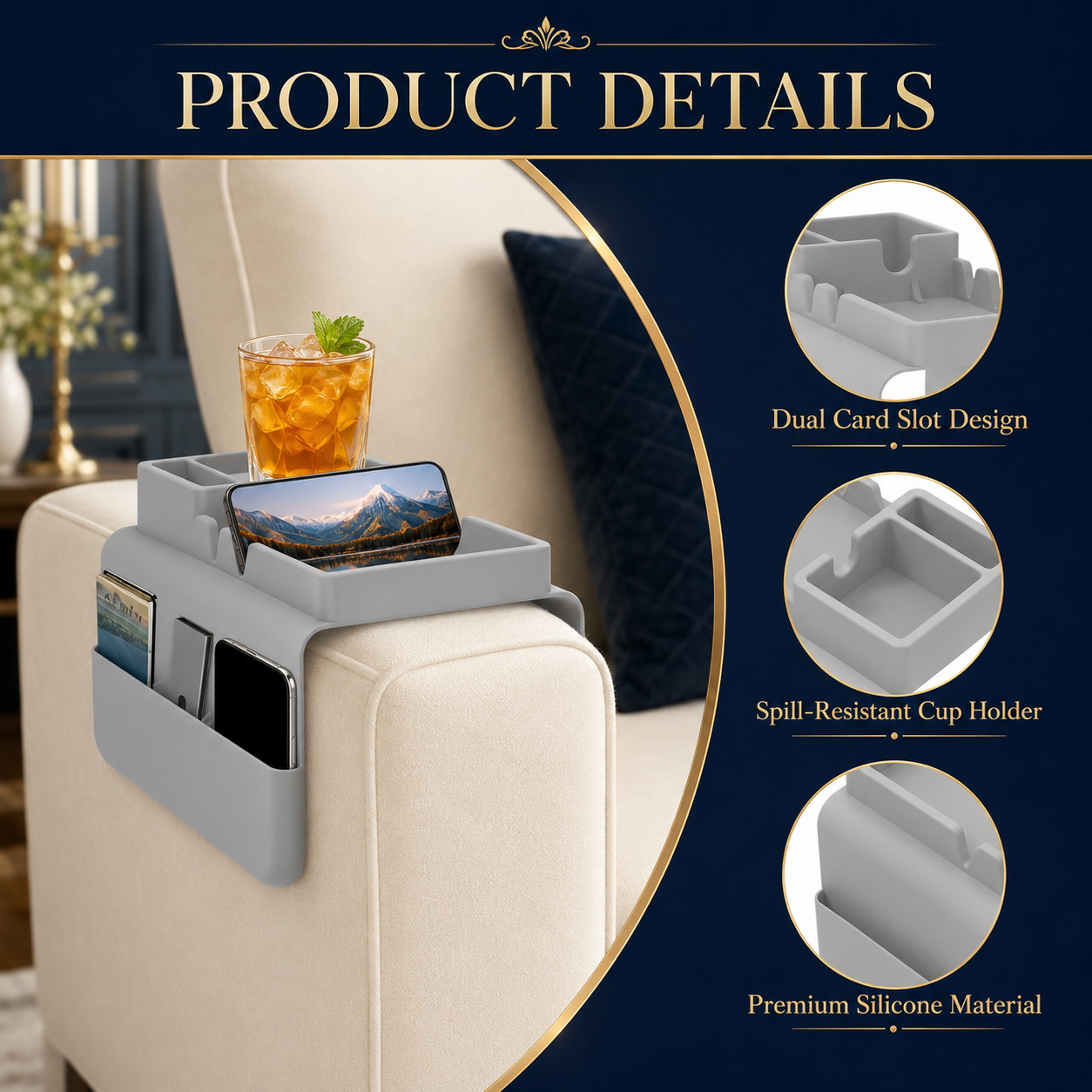 Grey silicone couch cup holder on armchair with iced drink, phone and magazine — product details showing dual card slot design, spill-resistant cup holder and premium silicone material.