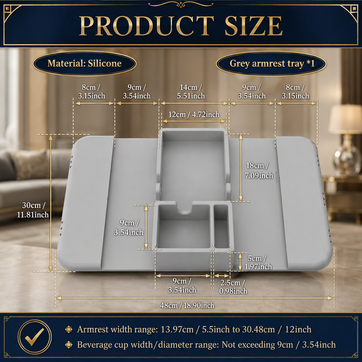 Grey silicone couch armrest tray product size diagram — 48cm × 30cm overall, 18cm × 14cm centre tray, fits armrests 13.97–30.48cm wide and cups up to 9cm diameter.