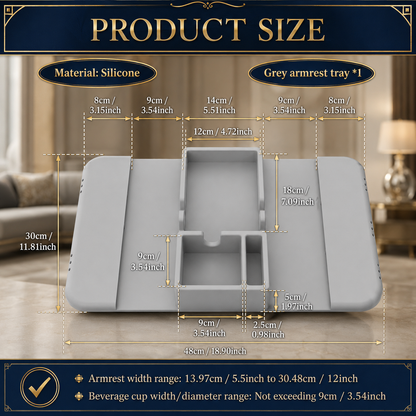 Grey silicone couch armrest tray product size diagram — 48cm × 30cm overall, 18cm × 14cm centre tray, fits armrests 13.97–30.48cm wide and cups up to 9cm diameter.