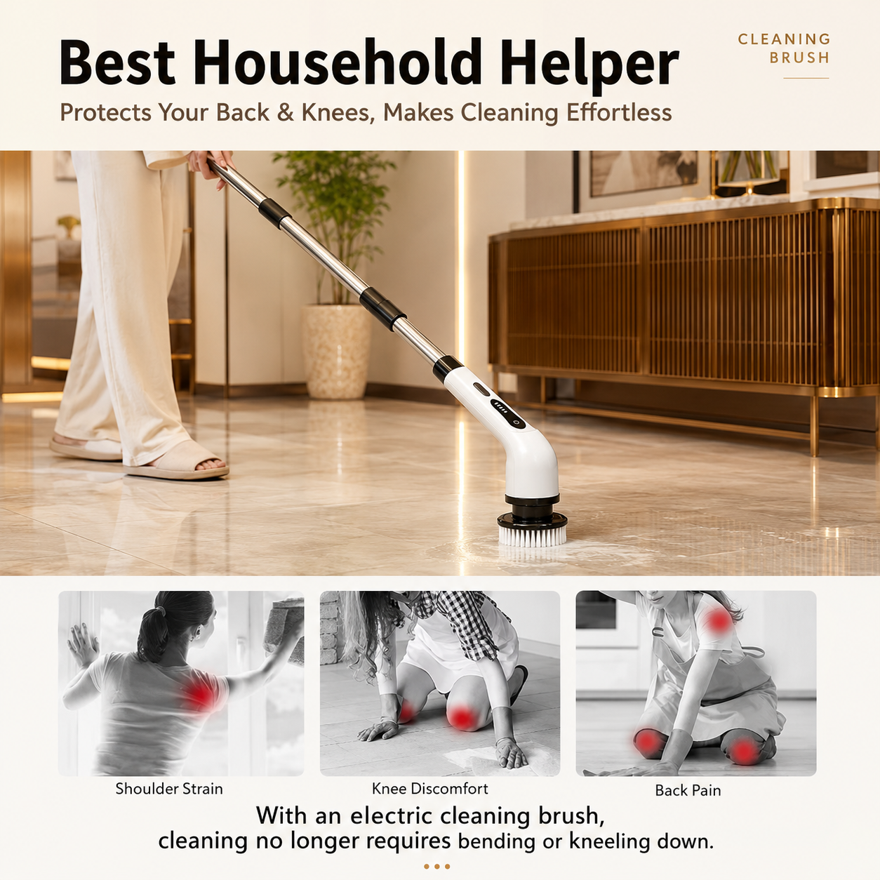 Person using the long-handled spin scrubber to clean a floor without bending over