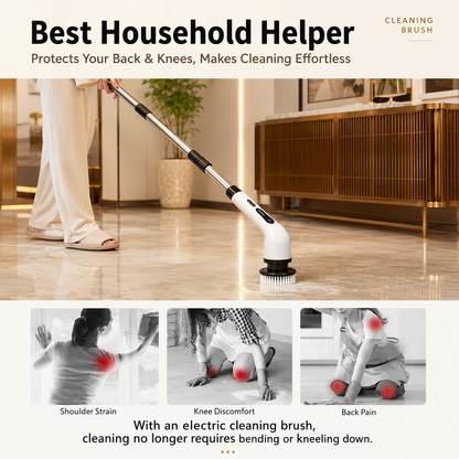 Person using the long-handled spin scrubber to clean a floor without bending over