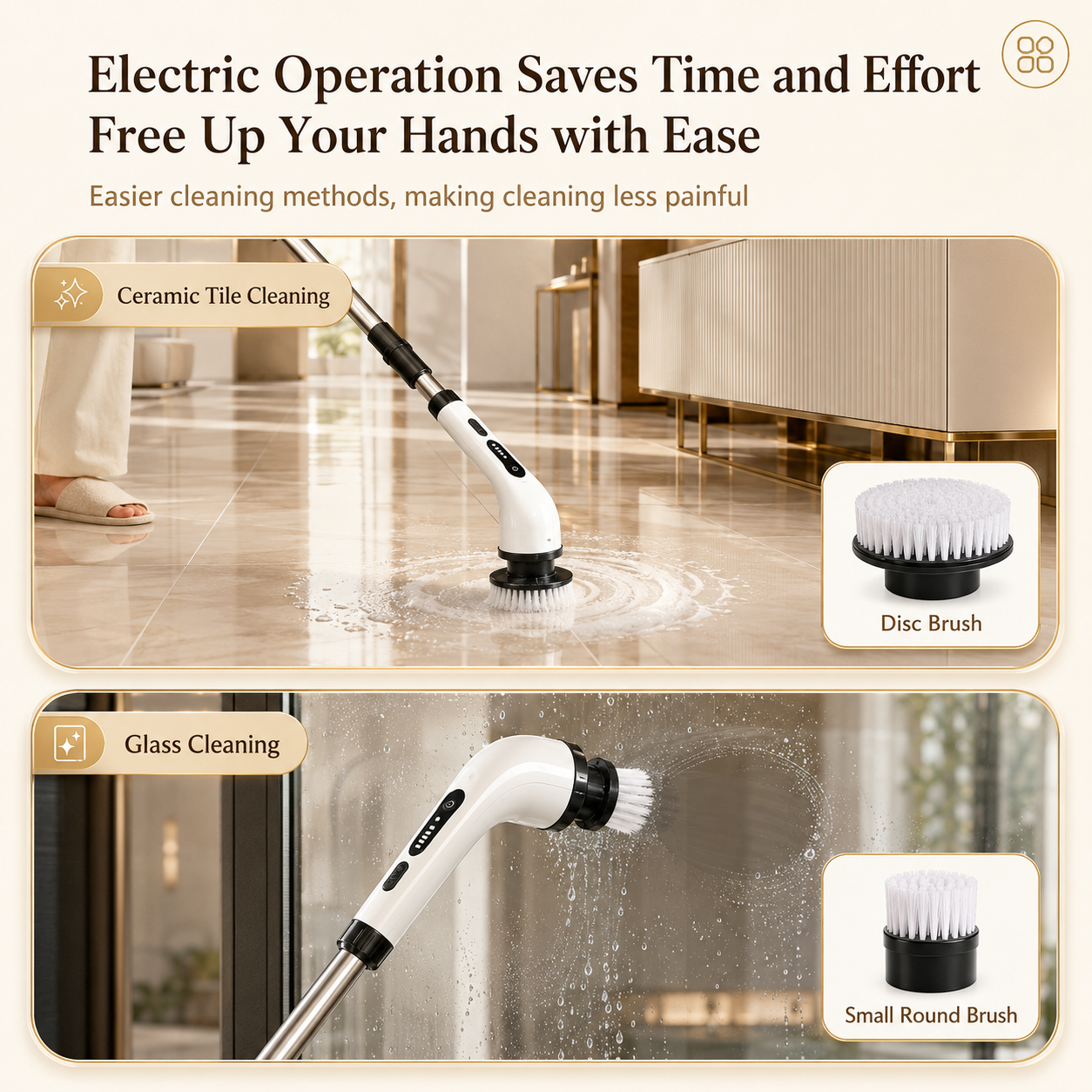 Spin scrubber cleaning bathroom tile, glass and corners hands-free