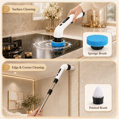 Spin scrubber with sponge and polished brush heads cleaning a kitchen stovetop and counter edges