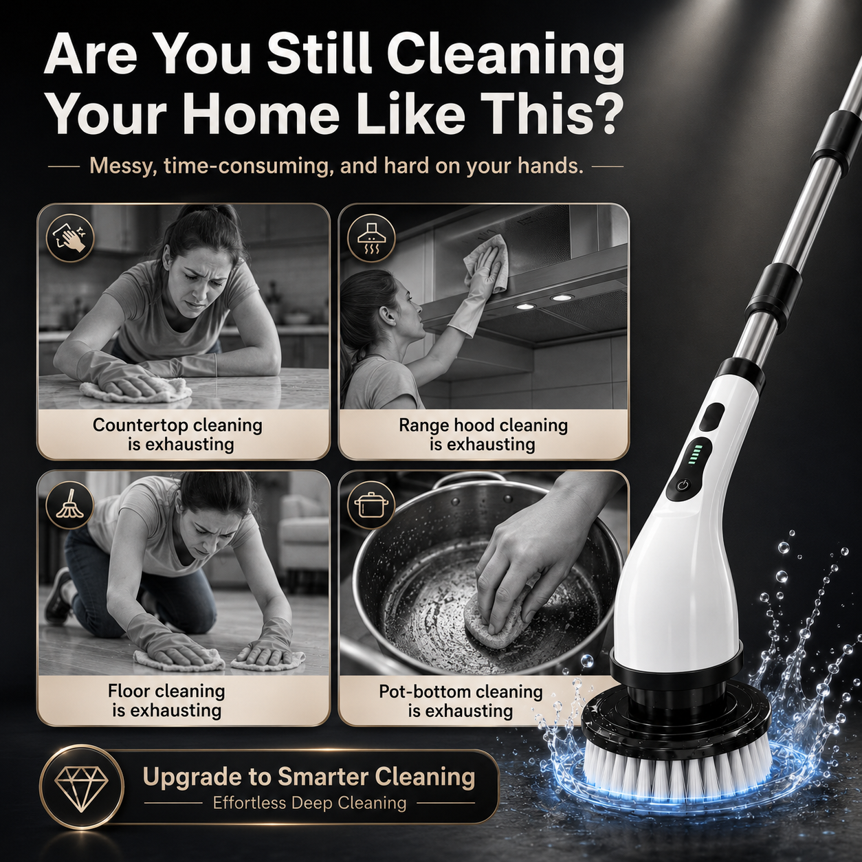 Promo graphic showing the electric spin scrubber as the easier alternative to exhausting hand cleaning