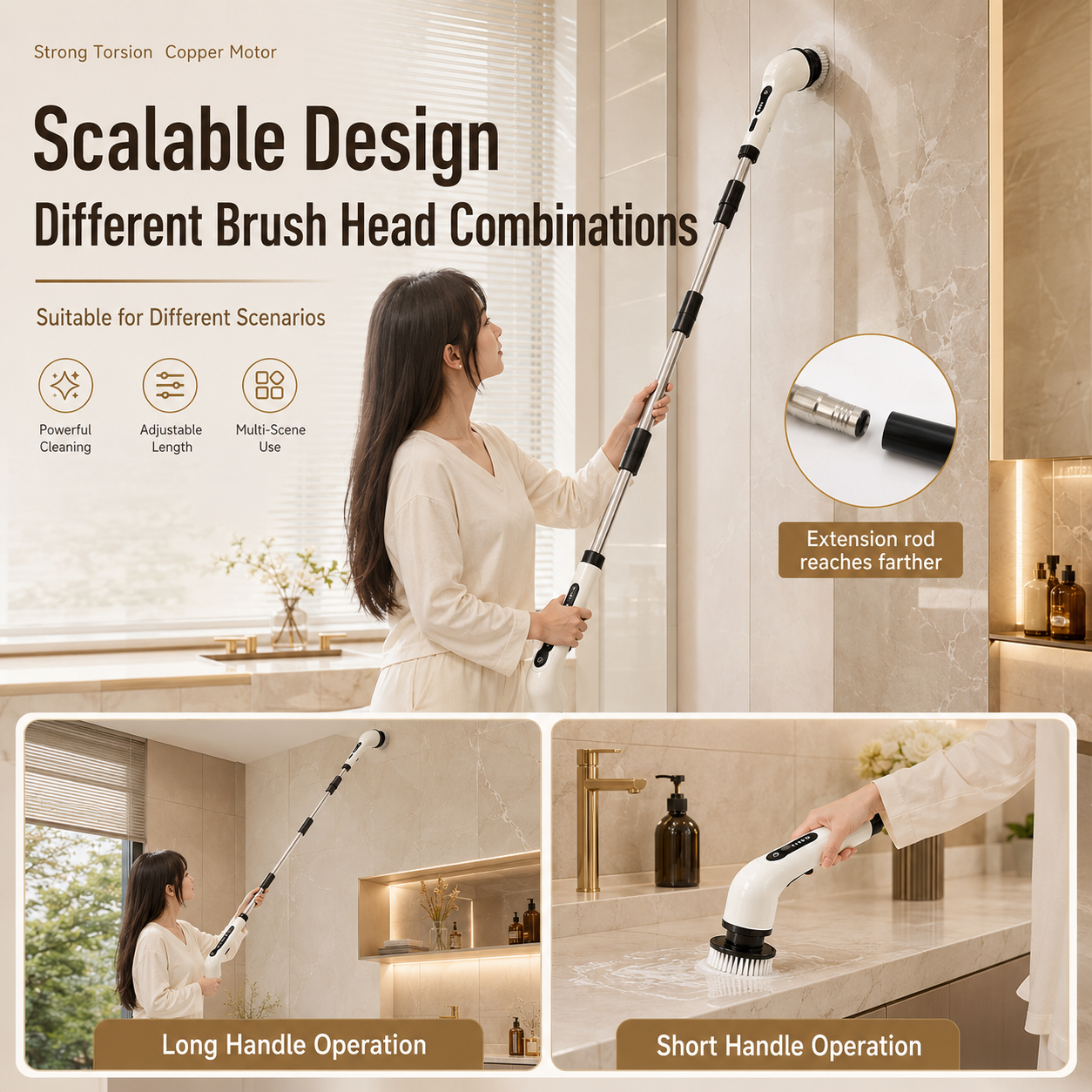 Person holding the fully extended spin scrubber, ready to reach high and low surfaces