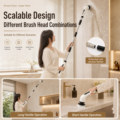 Person holding the fully extended spin scrubber, ready to reach high and low surfaces