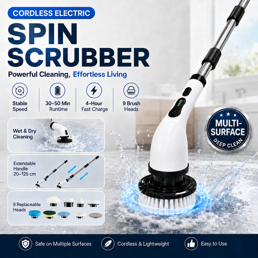 Cordless electric spin scrubber with extendable handle, showing 50-minute runtime, 4-hour charge and 9 brush heads